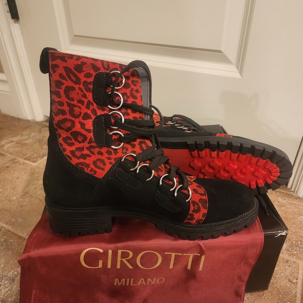 Girotti Milano Red and Black Leopard Combat Boots